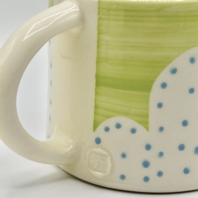 Lime green & blue dot handmade mug
